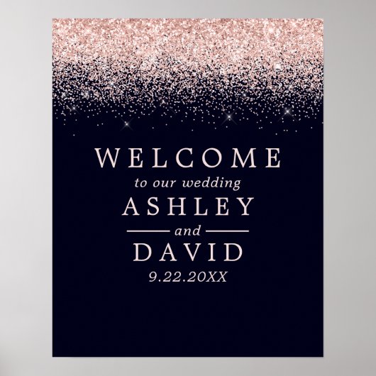 Rose Gold Confetti Navy Blue Chic Hochzeit Begrüßu Poster (Vorne)