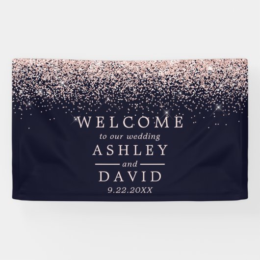 Rose Gold Confetti Navy Blue Wedding Willkommen Banner (Horizontal)