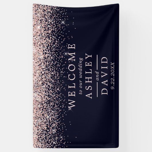 Rose Gold Confetti Navy Blue Wedding Willkommen Banner (Vertikal)