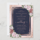 Rose Gold Confetti Navy Blush Blues Hochzeit Einladung (Vorderseite)