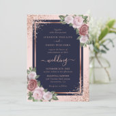 Rose Gold Confetti Navy Blush Blues Hochzeit Einladung (Stehend Vorderseite)