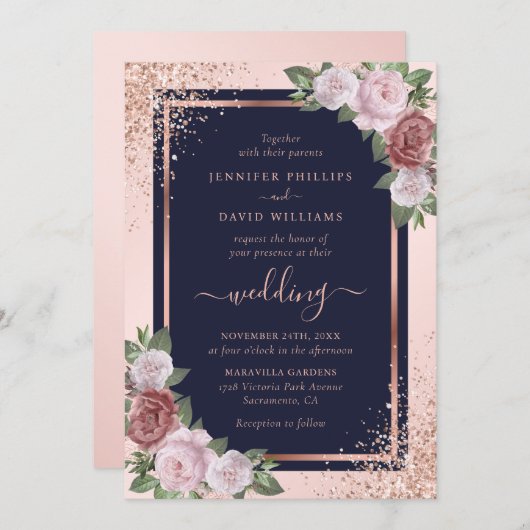 Rose Gold Confetti Navy Blush Blues Hochzeit Einladung (Vorne/Hinten)
