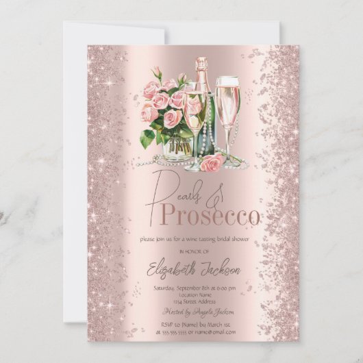 Rose Gold Confetti Perls Prosecco Brautparty Einladung (Vorderseite)