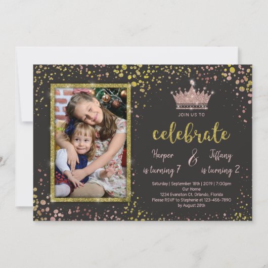 Rose Gold Confetti PRINCESS verleiht Joint Birthda Einladung (Vorderseite)