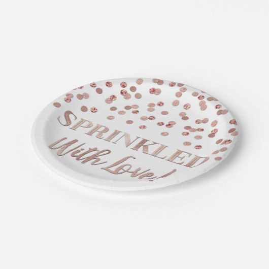 Rose Gold Confetti Sprinkler mit Liebe Pappteller (Schrägansicht)