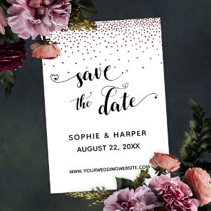Rose Gold Confetti und Kalligrafie mit Herz Save The Date