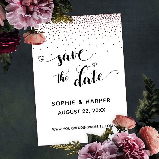 Rose Gold Confetti und Kalligrafie mit Herz Save The Date