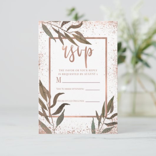 Rose Gold Copper Botanical Glam Wedding RSVP (Stehend Vorderseite)