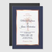Rose Gold Copper Navy Blue Palm Tree Beach Hochzei Magneteinladung (Vorne/Hinten)