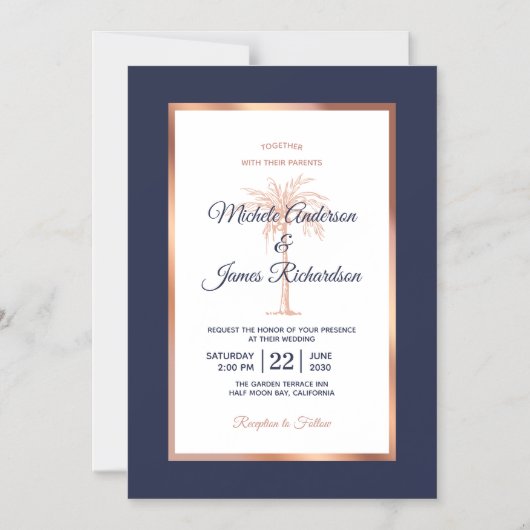 Rose Gold Copper Navy Blue Palm Tree Beach Hochzei Magneteinladung (Vorderseite)