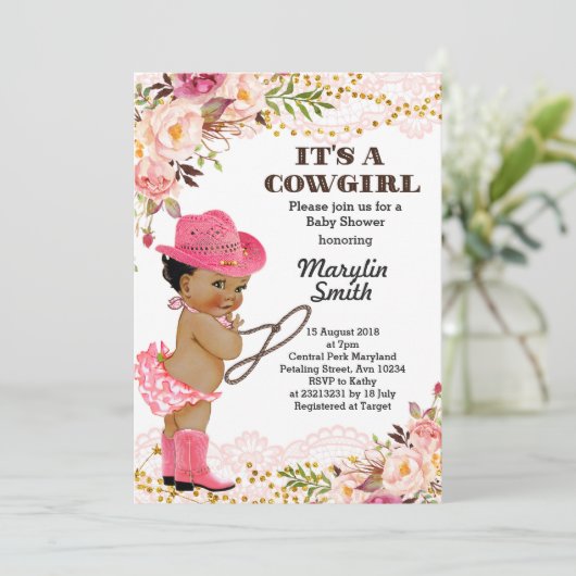 Rose Gold Cowgirl Baby Dusche Afroamerikaner Einladung (Stehend Vorderseite)
