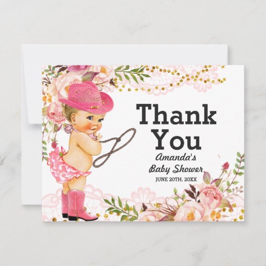 Rose Gold Cowgirl Baby Shower Girl Dankeskarte (Vorderseite)