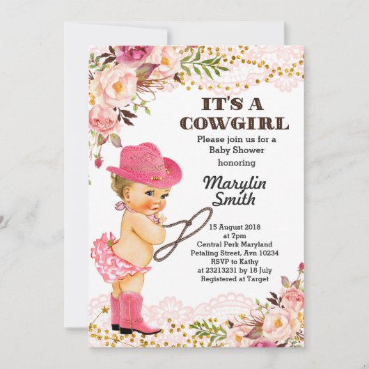 Rose Gold Cowgirl Baby Shower Girl Einladung (Vorderseite)