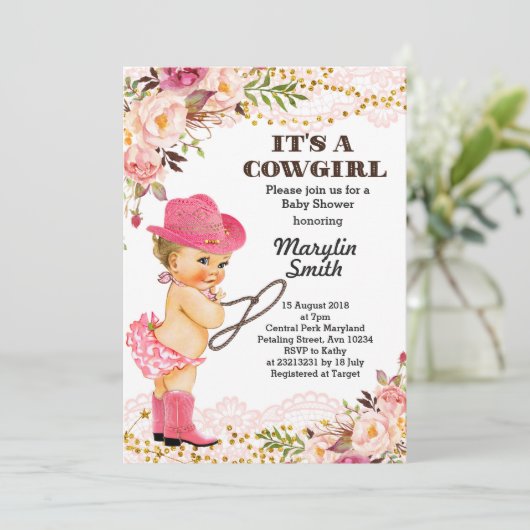 Rose Gold Cowgirl Baby Shower Girl Einladung (Stehend Vorderseite)