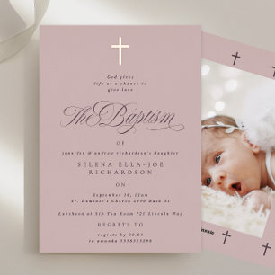 Rose Gold Cross Mauve Taufen Foto Einladungen