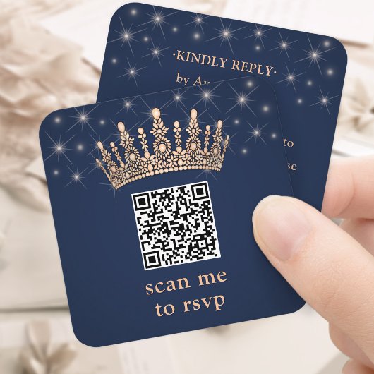 Rose Gold Crown QR Code RSVP Navy Blue Quinceañera Begleitkarte