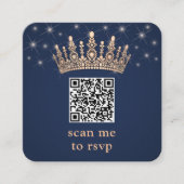 Rose Gold Crown QR Code RSVP Navy Blue Quinceañera Begleitkarte (Vorderseite)