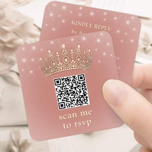 Rose Gold Crown Quinceañera Scan Me QR Code RSVP Begleitkarte
