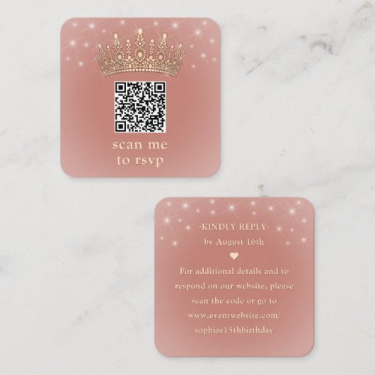 Rose Gold Crown Quinceañera Scan Me QR Code RSVP Begleitkarte (Vorne/Hinten)