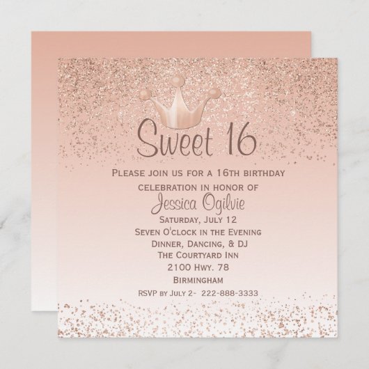 Rose Gold Crown Sweet 16 Geburtstag Einladung (Vorne/Hinten)
