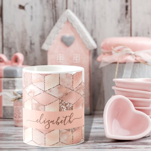 Rose gold cube marble name glittere script kaffeetasse