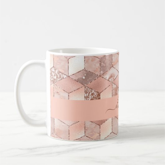 Rose gold cube marble name glittere script kaffeetasse (Links)