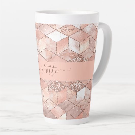 Rose gold cube marble name glittere script milchtasse (Rechte Ecke)