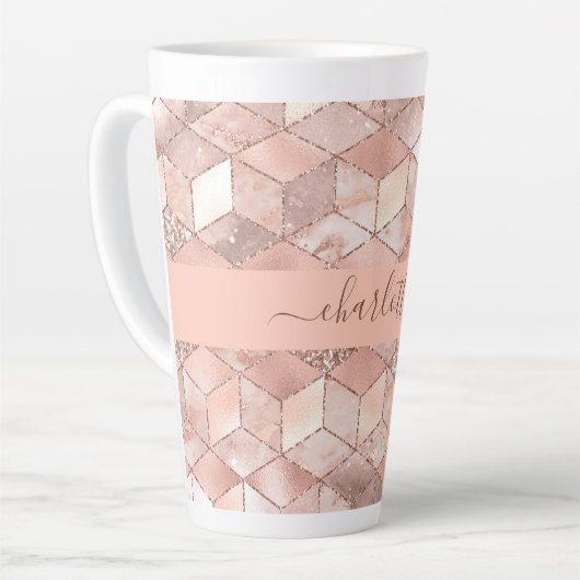Rose gold cube marble name glittere script milchtasse (Linke Ecke)
