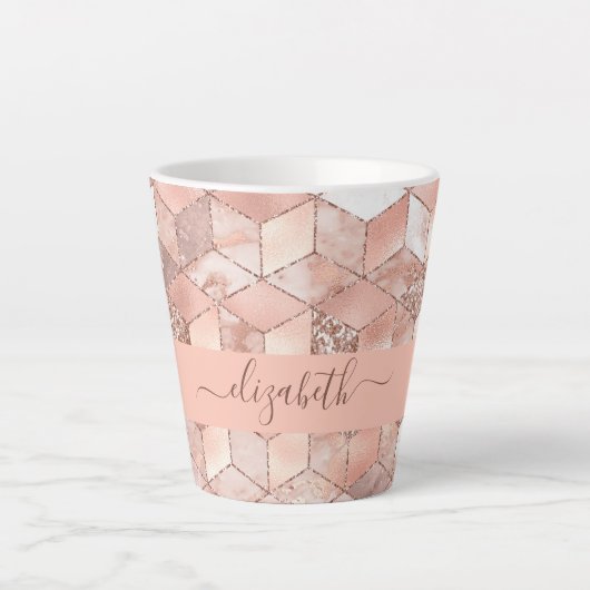 Rose gold cube marble name glittere script milchtasse (Vorderseite)