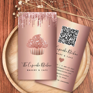 Rose Gold Cupcake Glitter Drips QR Code Bäckerei Visitenkarte