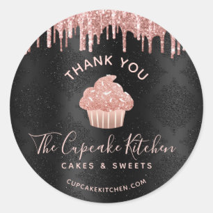 Rose Gold Cupcake Glitter Tropfen Bäckerei Schwarz Runder Aufkleber