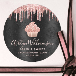 Rose Gold Cupcake Glitzer Tropfen Bäckerei Schwarz Runder Aufkleber