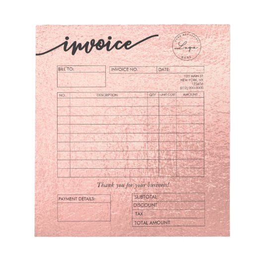 Rose Gold Custom Logo Bakery Invoice Konditorei Ko Notizblock (Vorderseite)