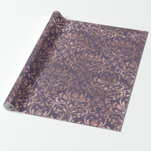 Rose Gold Damask auf Lila Geschenkpapier (Ungerollt)