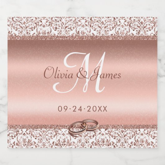 Rose Gold Damask Monogram Wedding Schaumweinetikett (Einzelnes Label)