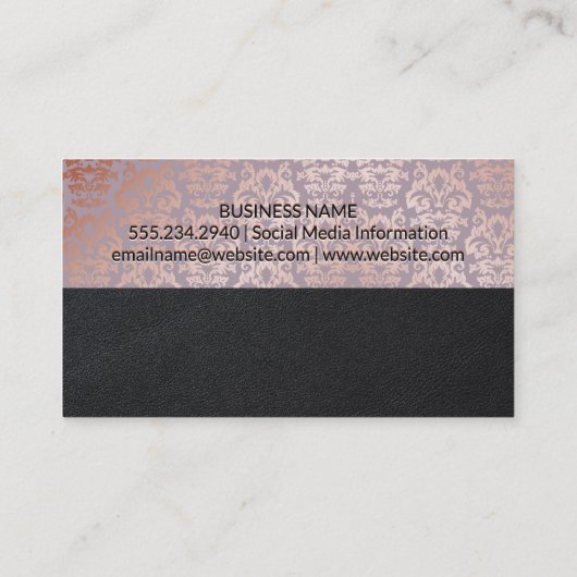 Rose Gold Damask Muster Schwarzer Lederfarbblock Visitenkarte (Rückseite)