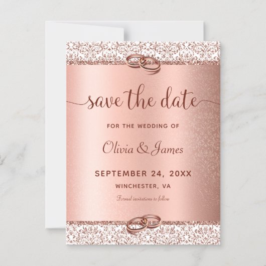 Rose Gold Damask Script Hochzeit speichern das Dat Magneteinladung (Vorderseite)