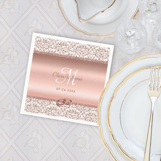 Rose Gold Damask Wedding Monogram Serviette