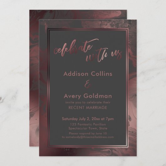 Rose Gold & Dark Gray Marble Celebrate mit uns Einladung (Vorne/Hinten)