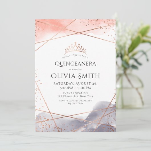 Rose Gold Dawn Wasserfarbe Geometrische Quinceaner Einladung (Stehend Vorderseite)