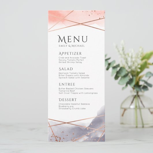 Rose Gold Dawn Wasserfarbe Geometrisches Hochzeits Menükarte (Stehend Vorderseite)