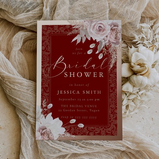 Rose Gold, Deep Red & Blush Floral Bridal Shower Folieneinladung