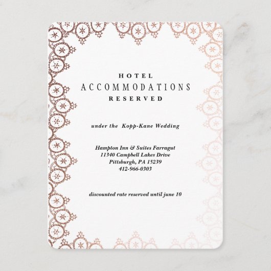 Rose Gold Delicate Wedding Hotel Card Begleitkarte (Vorderseite)