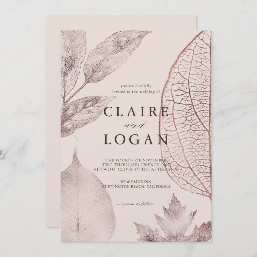 Rose Gold Delikate Blätter Pink Beige Hochzeit Einladung (Vorne/Hinten)