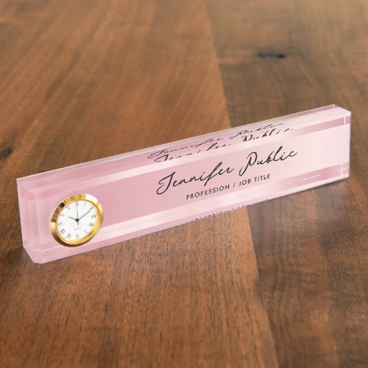 Rose Gold Desk Name Plate With Clock Calligraphy Namensplakette (Seite)