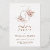 Rose Gold Details Erste Kommunboho Blume Folieneinladung (Vorderseite)