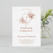 Rose Gold Details Erste Kommunboho Blume Folieneinladung (Stehend vorne)