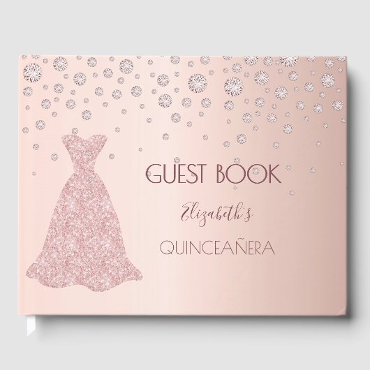 Rose Gold Diamanten rosa Kleid Quinceanera Gästebuch (Vorderseite)