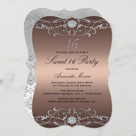 Rose Gold Diamond Damask Sweet 16 Einladung (Vorne/Hinten)