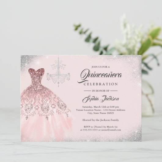 Rose Gold Diamond Lace Gown Quinceanera Einladung (Stehend Vorderseite)